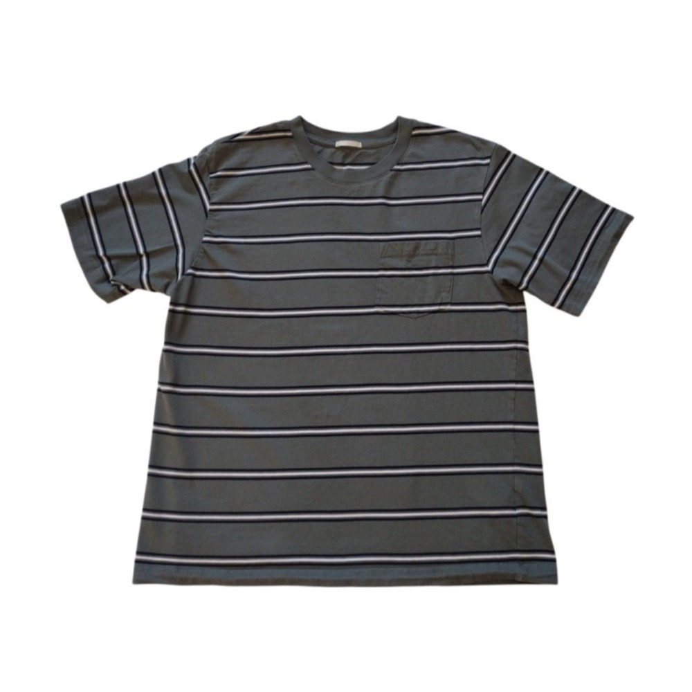 H&M T Shirt Man's L Juniors Gray Black Stripe Short Sleeves Crew Neck Pocket